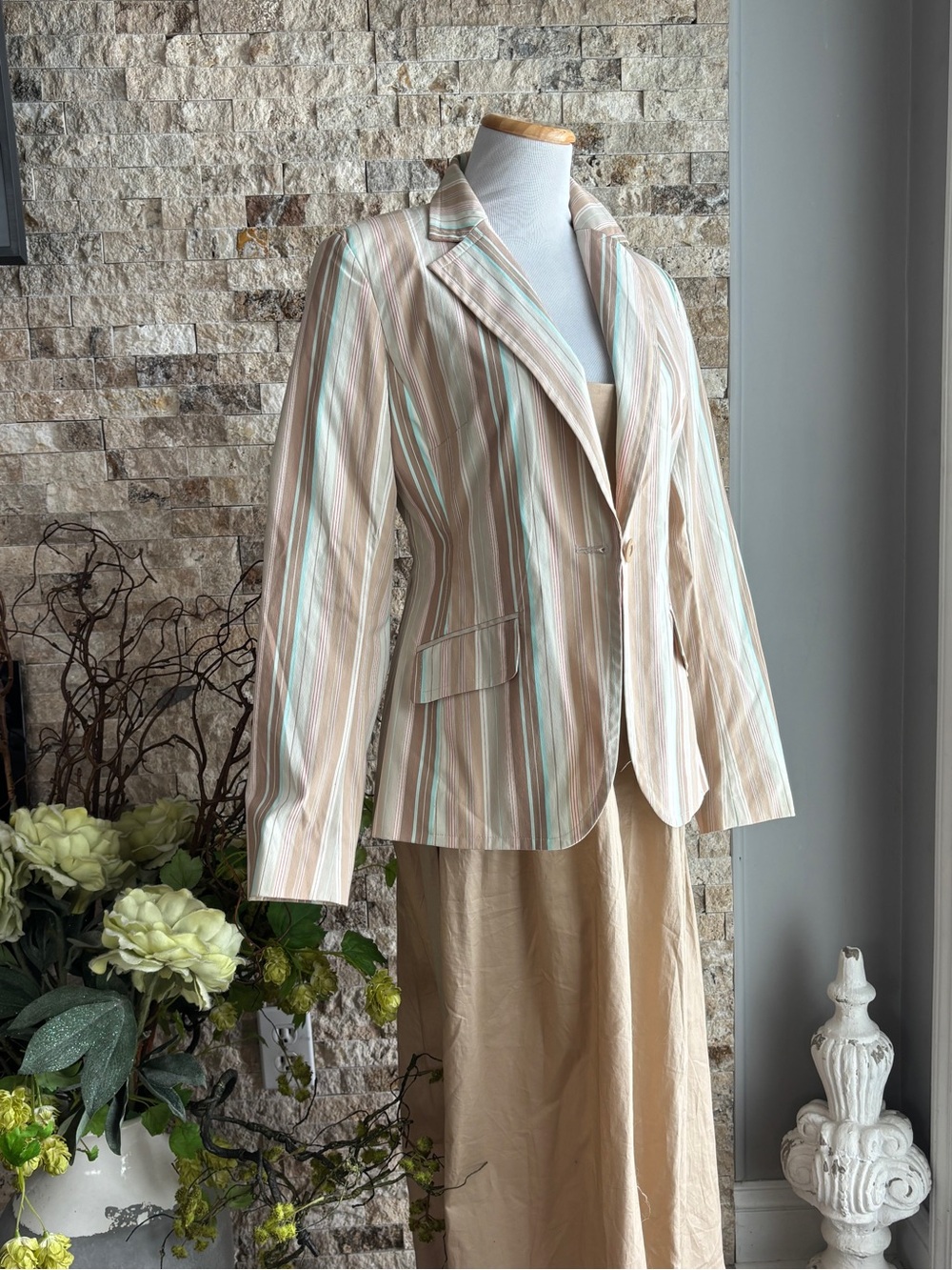 New York & Company Beige and Mint Striped Notch-Lapel Blazer